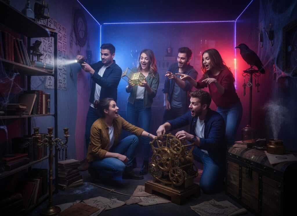 Gruppe löst Rätsel in Escape Room Indoor Aktivität Rhein-Main