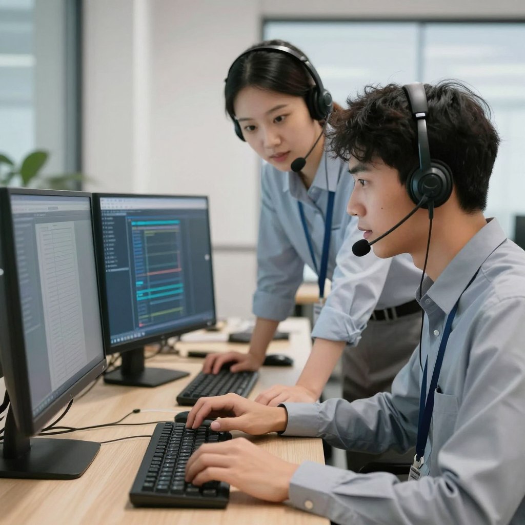 IT-Support Mitarbeiter hilft einem KMU-Angestellten bei technischen Problemen
