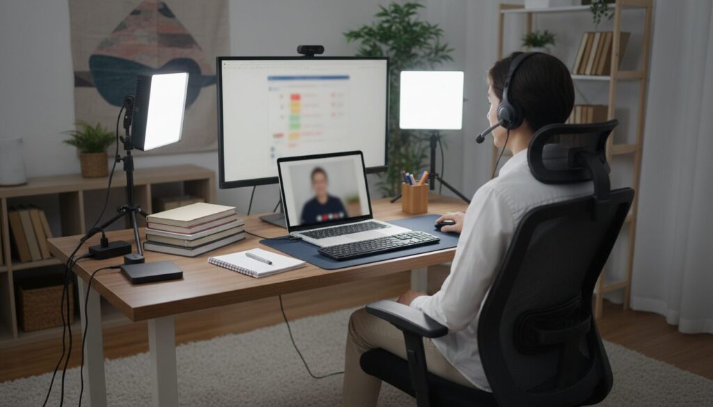 Optimal eingerichteter Arbeitsplatz für Online-Nachhilfe mit Technik