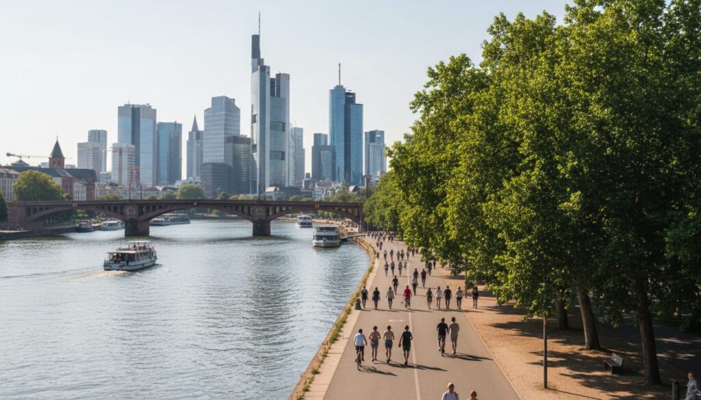 Spaziergang am Mainufer Frankfurt Rhein-Main bei gutem Wetter