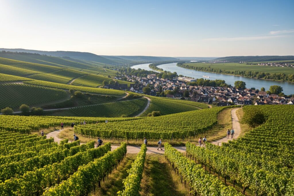 Weinwanderung durch Weinberge im Rheingau bei Sonnenschein