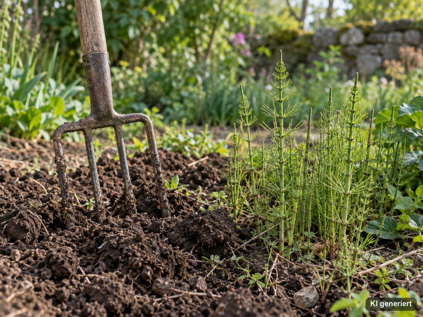 Grabegabel im gelockerten Gartenboden neben Ackerschachtelhalm