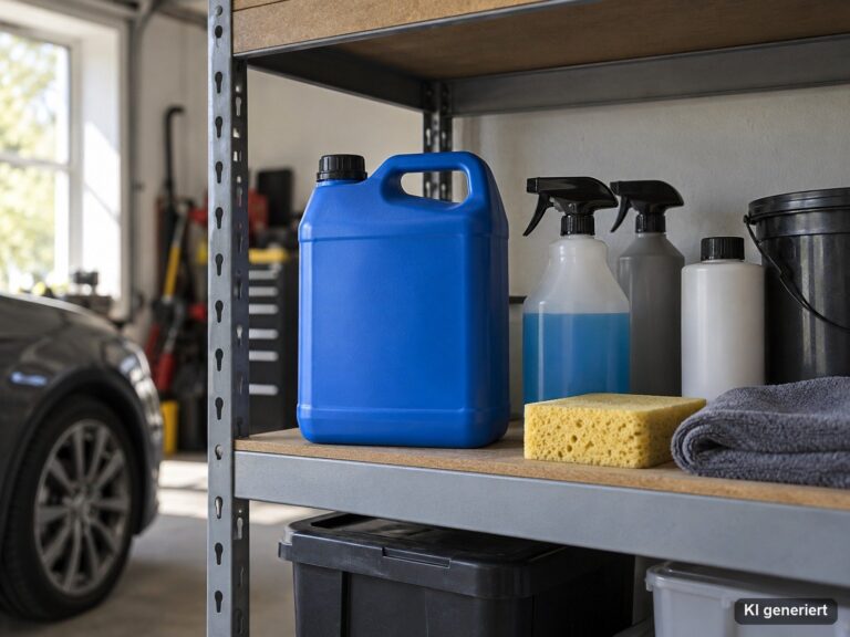 Neutraler blauer Kanister ohne Beschriftung in einer Garage