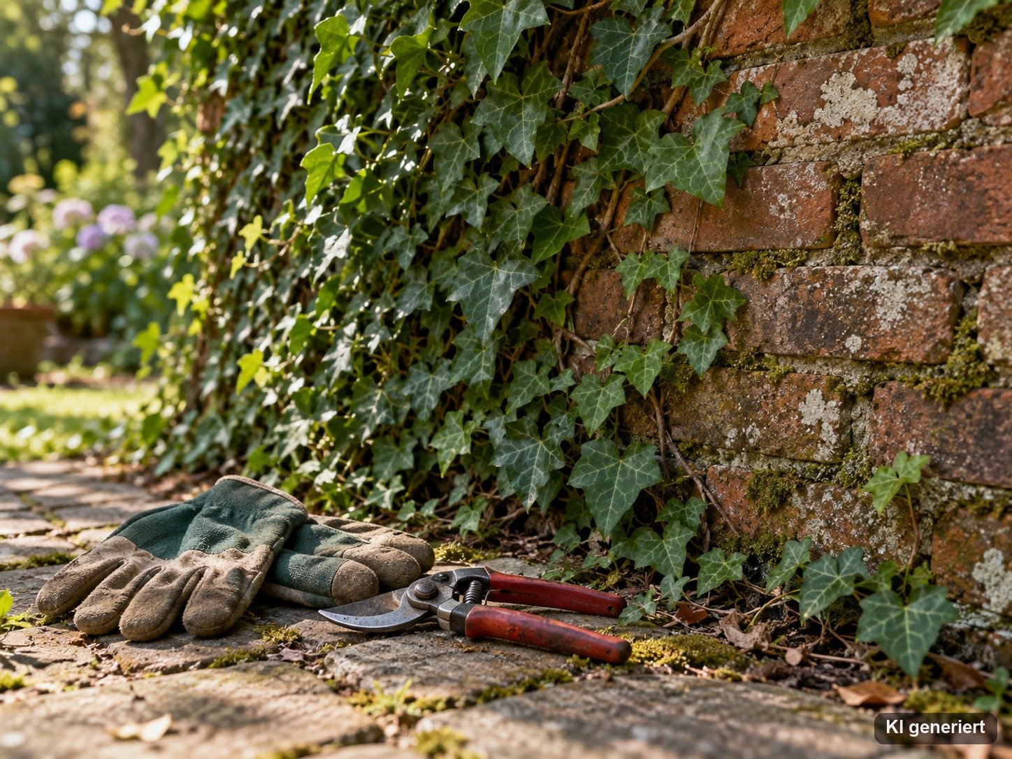 Efeu an einer Mauer mit Gartenschere und Handschuhen