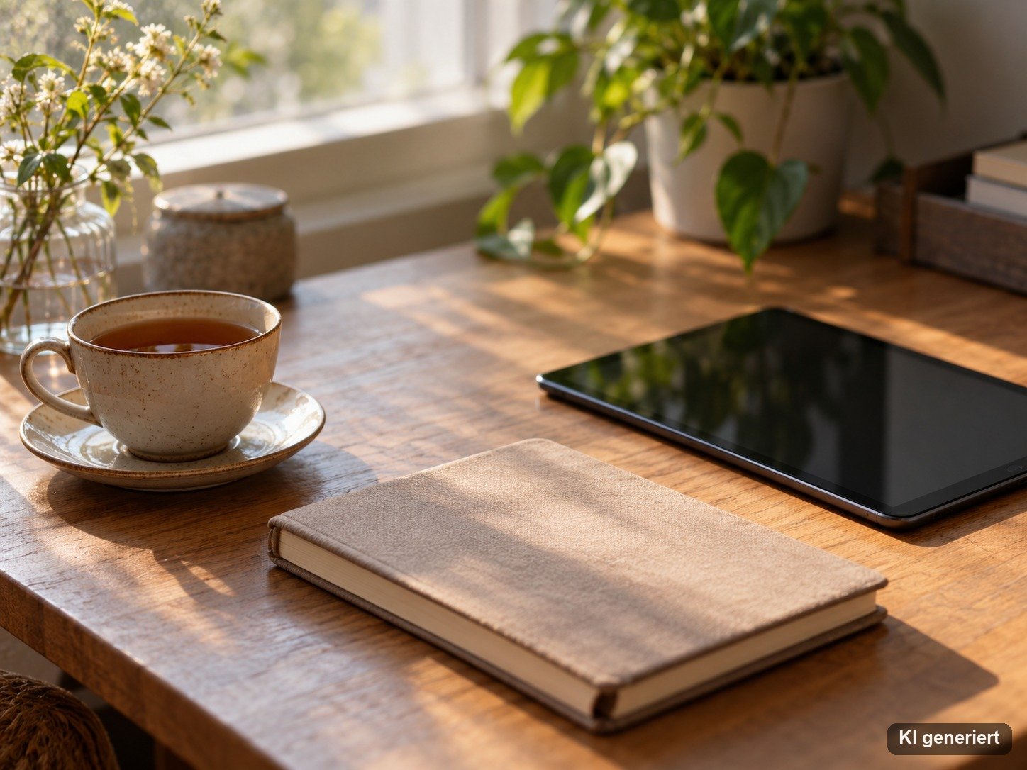 Ruhiger Schreibtisch mit Teetasse, Notizbuch und Tablet mit leerem Bildschirm