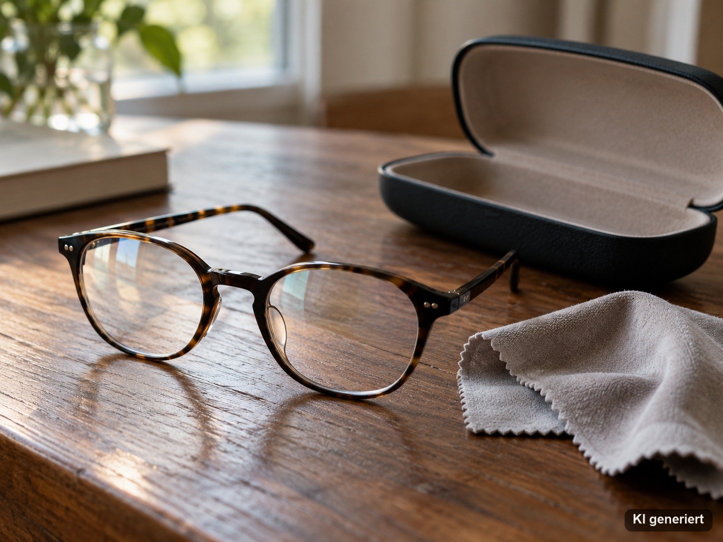 Brille mit Putztuch auf einem Tisch neben einem Etui