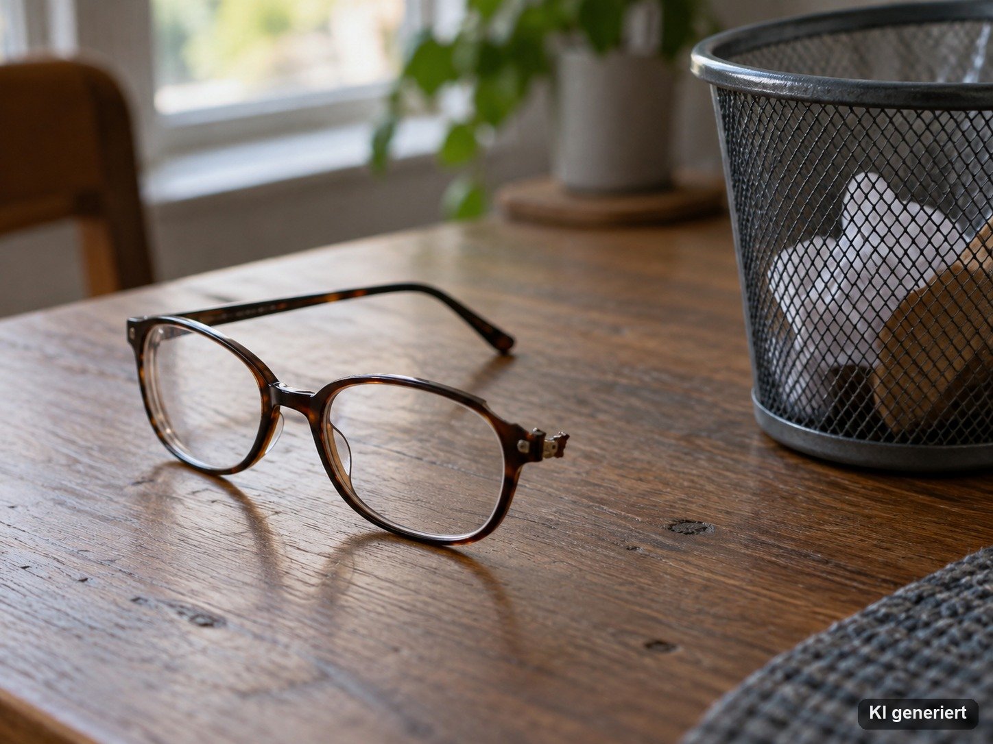 Kaputte Brille ohne Bügel auf einem Tisch neben einem Mülleimer