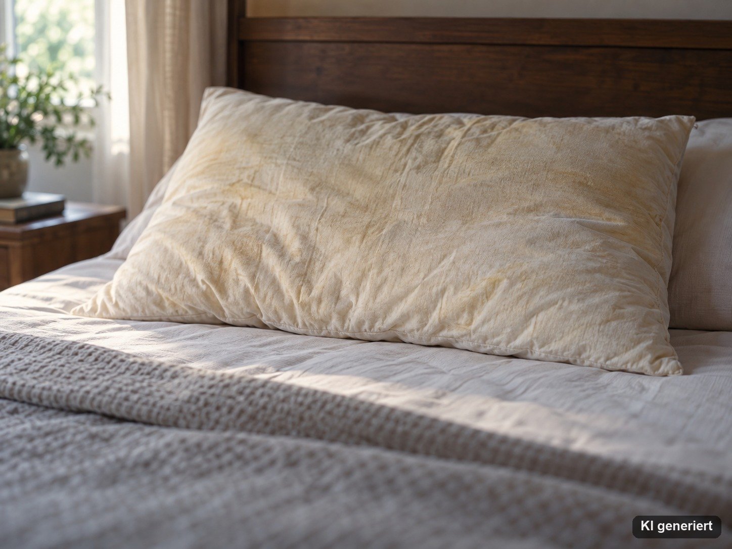 Plattes, vergilbtes Kopfkissen auf einem Bett