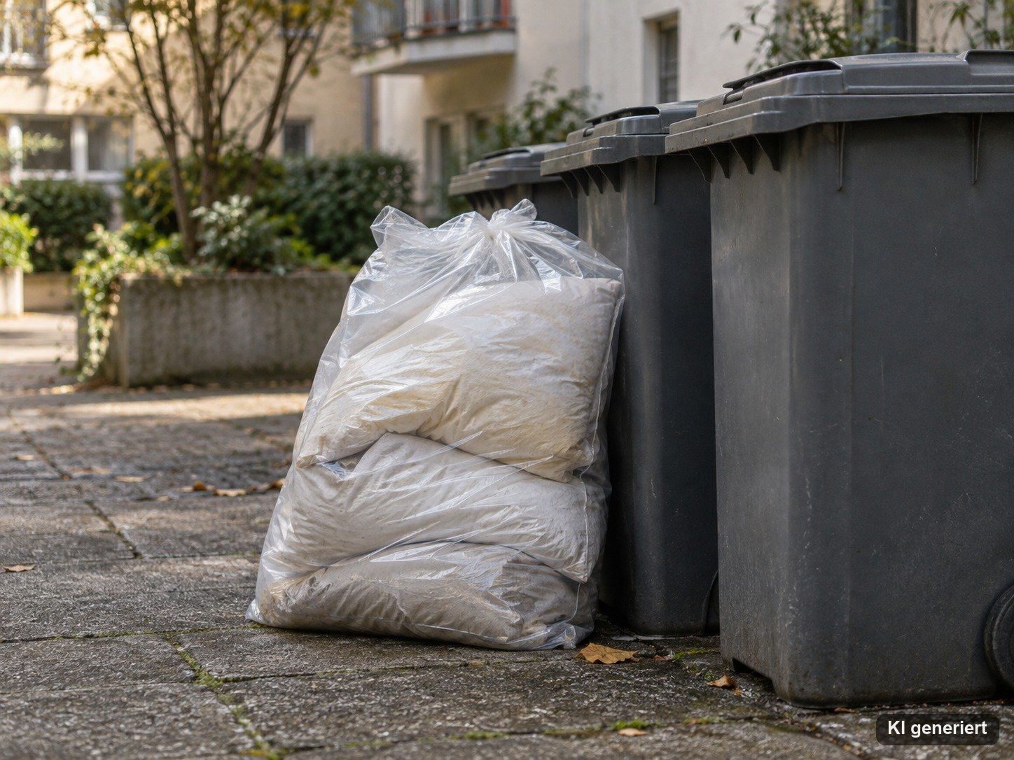 Alte Kissen in einem Sack neben Mülltonnen