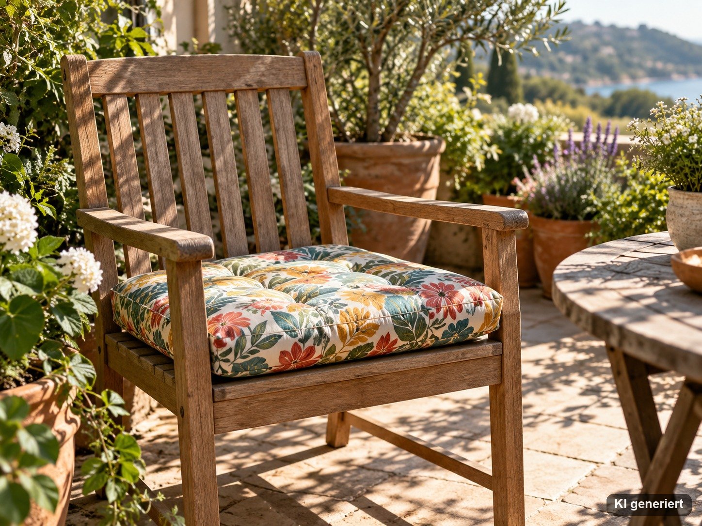 Gartenstuhl mit neu bezogenem Sitzkissen auf einer Terrasse