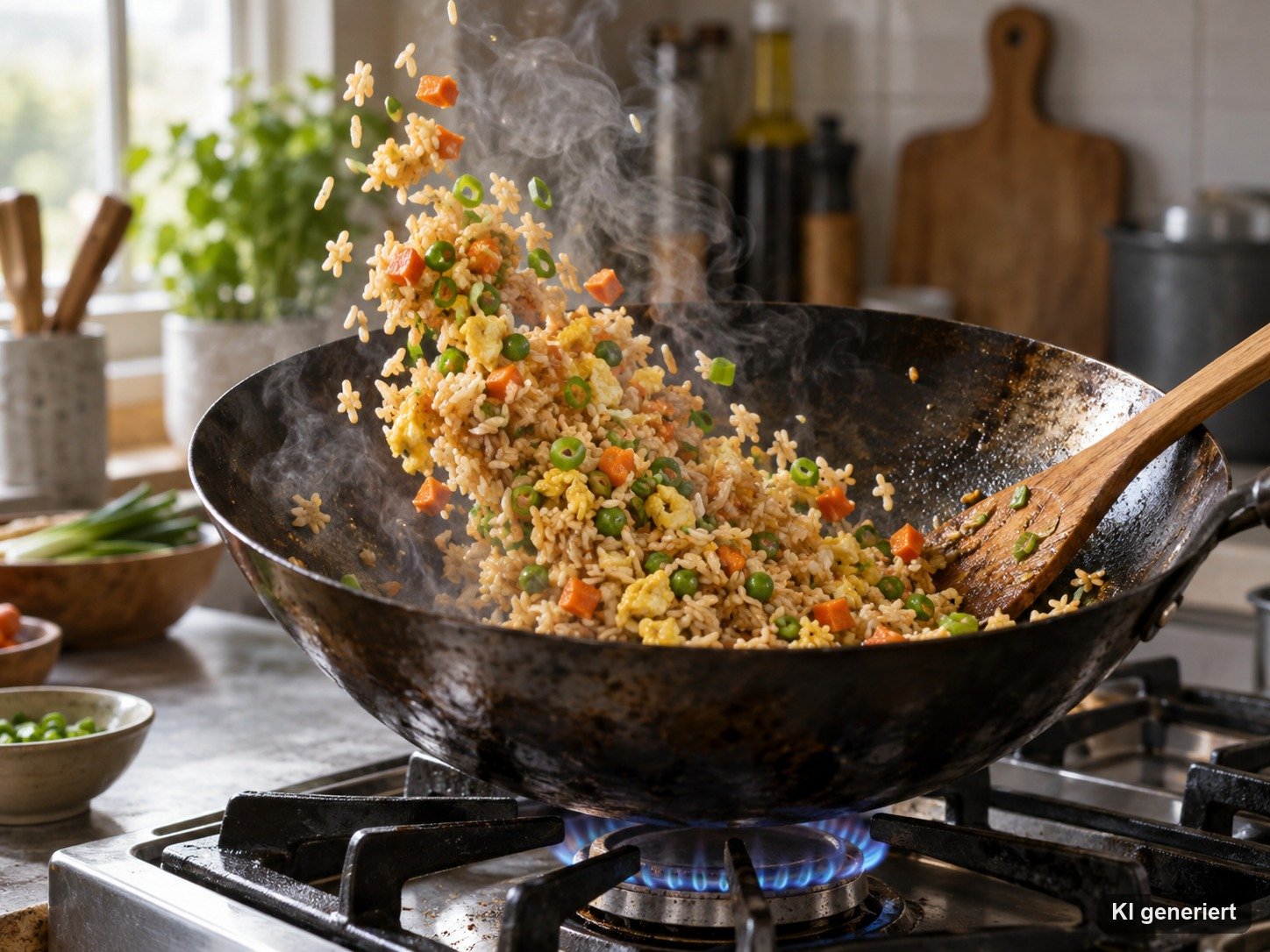 Bratreis mit Ei und Gemüse im heißen Wok