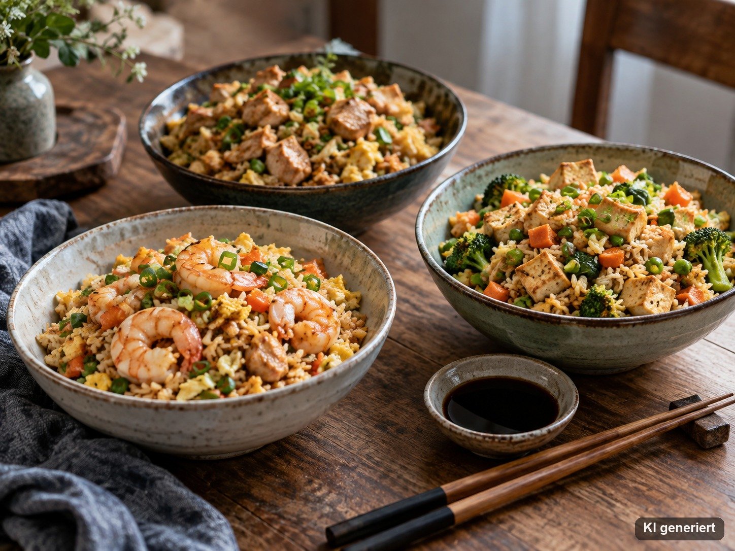 Drei Schalen Bratreis mit Garnelen, Tofu und Hähnchen