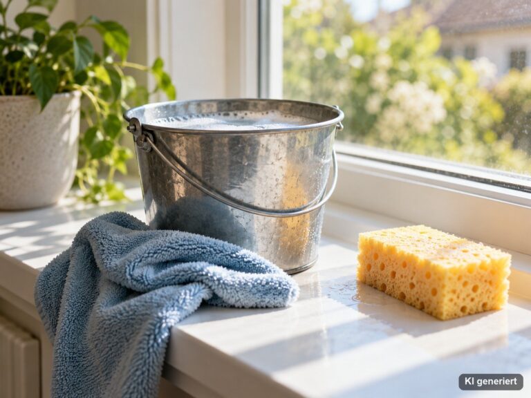Eimer mit Spülwasser, weiches Tuch und Schwamm auf der Fensterbank