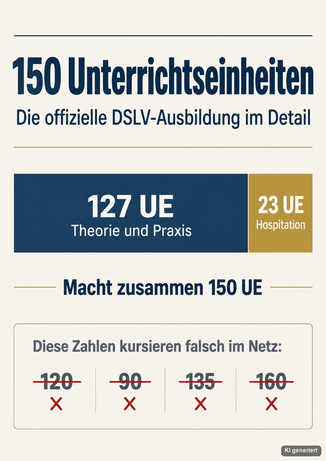 Infografik: 150 Unterrichtseinheiten der DSLV-Ausbildung, 127 UE Theorie und Praxis plus 23 UE Hospitation, falsche Altzahlen 120, 90, 135, 160 durchgestrichen