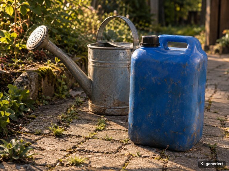 Gartenweg aus Pflastersteinen mit Unkraut in den Fugen, daneben ein blauer Kanister und eine Gießkanne