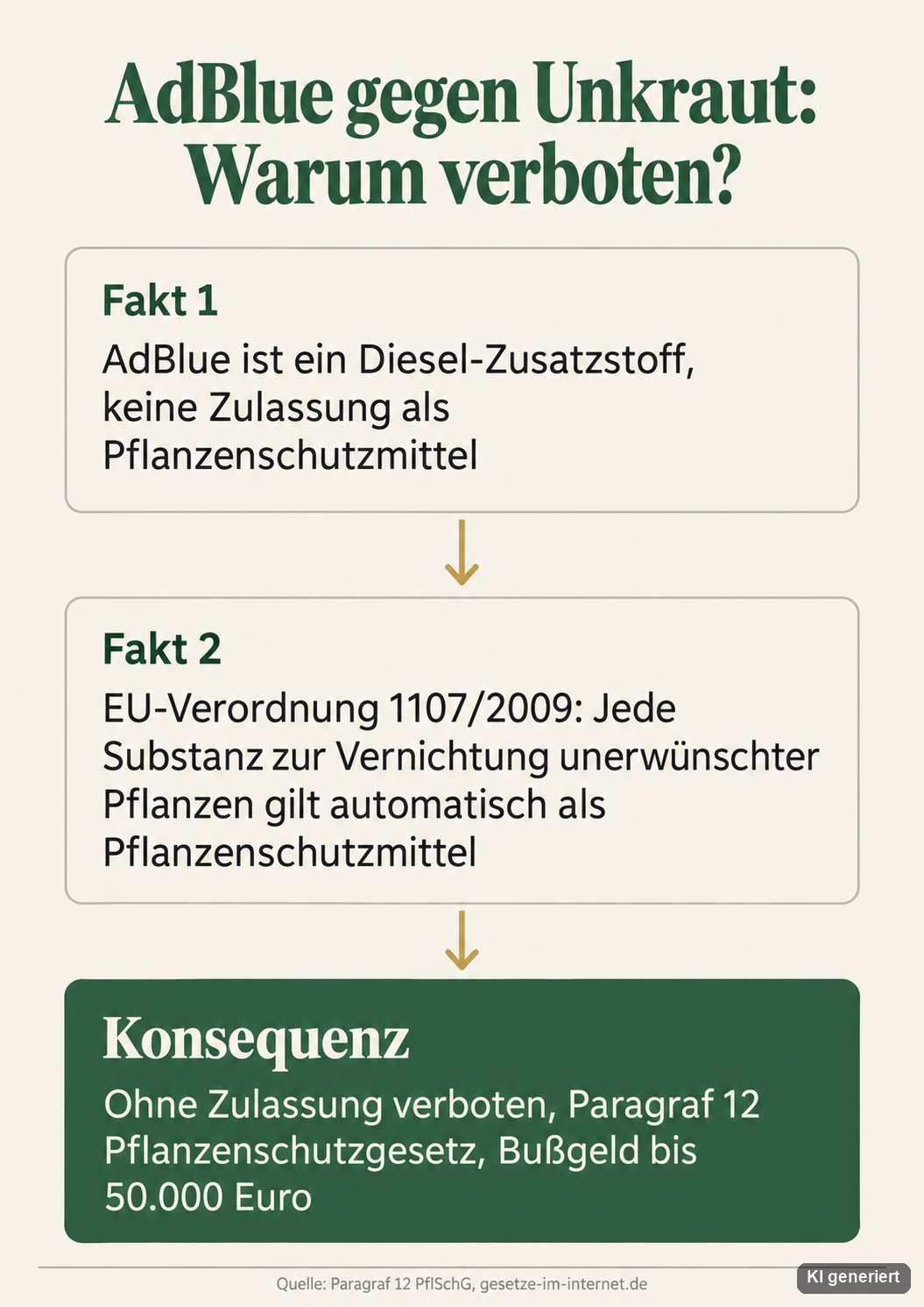 Infografik: Warum AdBlue gegen Unkraut verboten ist, Diesel-Zusatzstoff ohne Pflanzenschutzmittel-Zulassung, EU-Verordnung 1107/2009, Bußgeld bis 50.000 Euro nach § 12 PflSchG