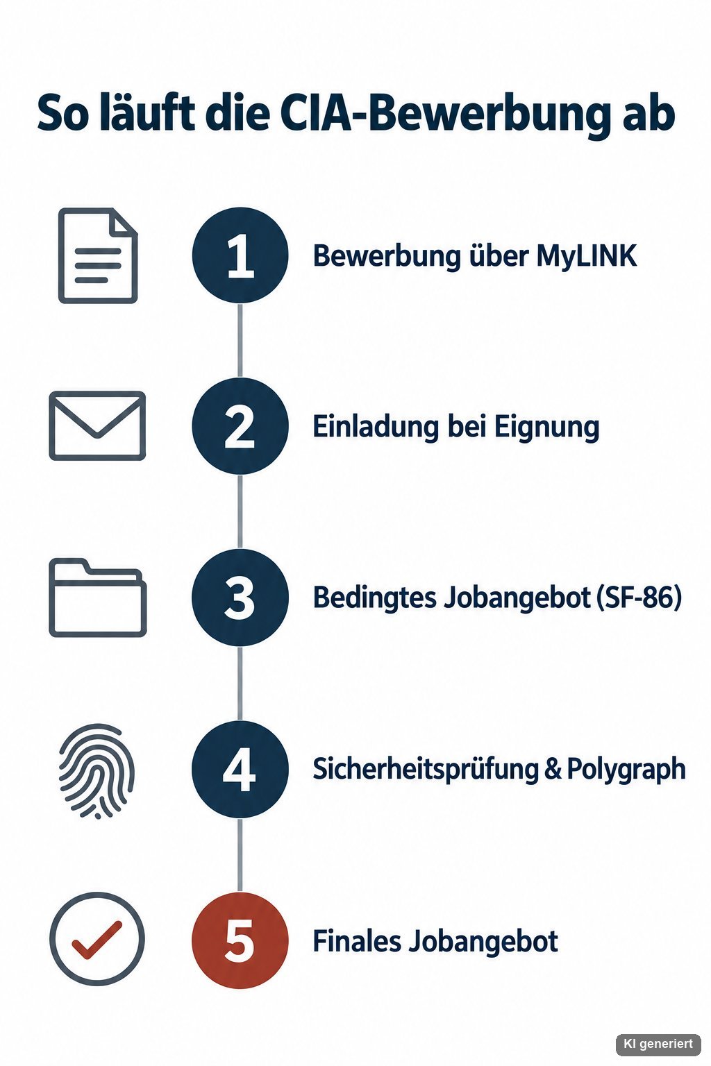 Infografik: CIA-Bewerbungsprozess in 5 Schritten — MyLINK, Einladung, bedingtes Jobangebot, Sicherheitsprüfung, finales Jobangebot