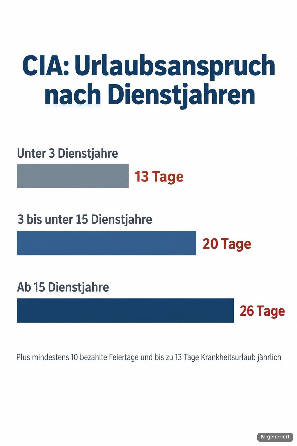 Infografik: CIA-Urlaubsanspruch nach Dienstjahren — 13 Tage unter 3 Jahren, 20 Tage bis 15 Jahre, 26 Tage ab 15 Jahren