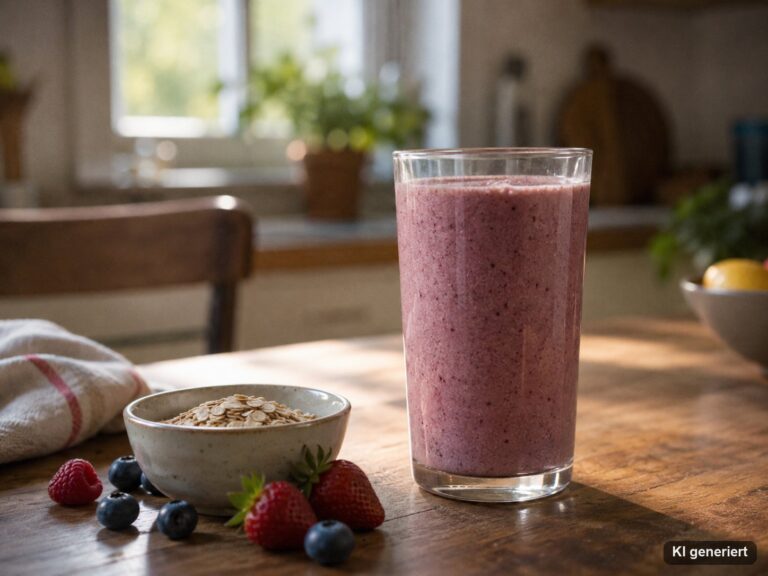 Fertig zubereiteter Diät-Shake im Glas mit Haferflocken und Beeren