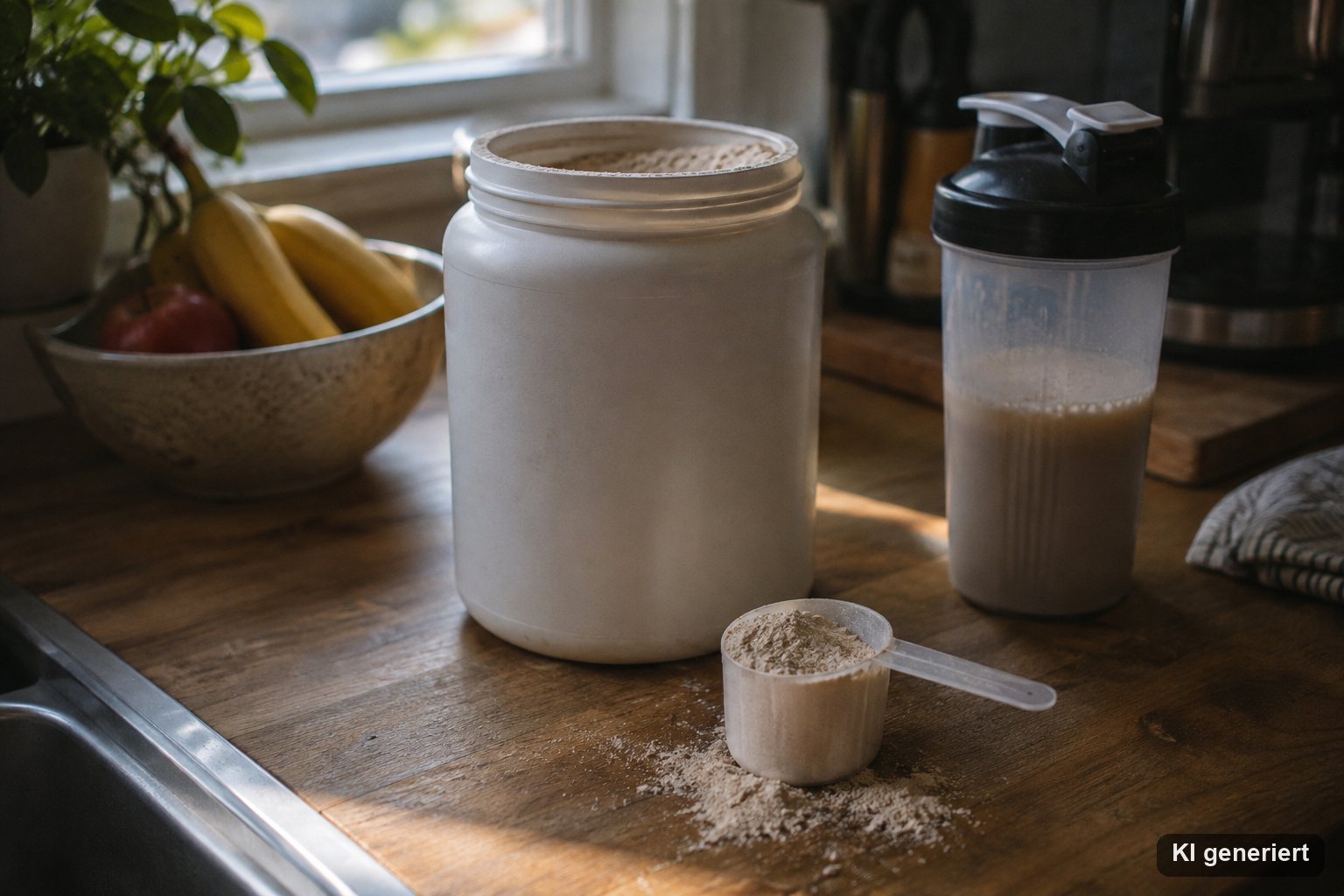 Diät-Shake-Pulver mit Messbecher und Shaker auf Küchentisch