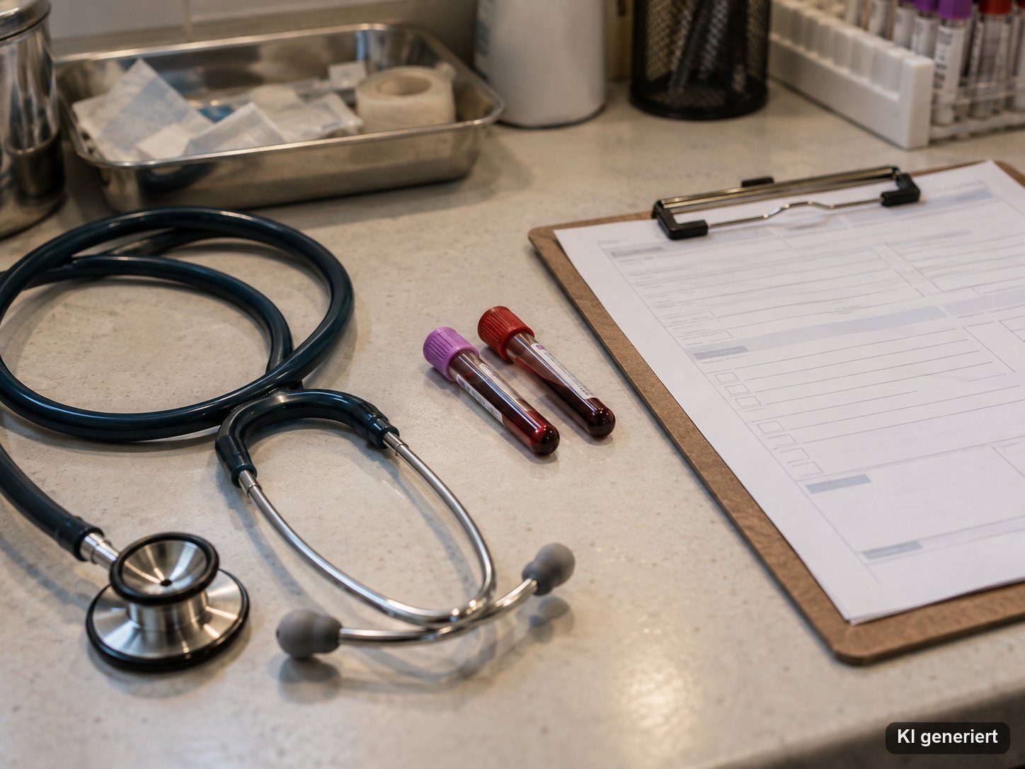Stethoskop, Blutentnahme-Röhrchen und ein Klemmbrett mit leerem Laborformular auf einem Klinik-Schreibtisch