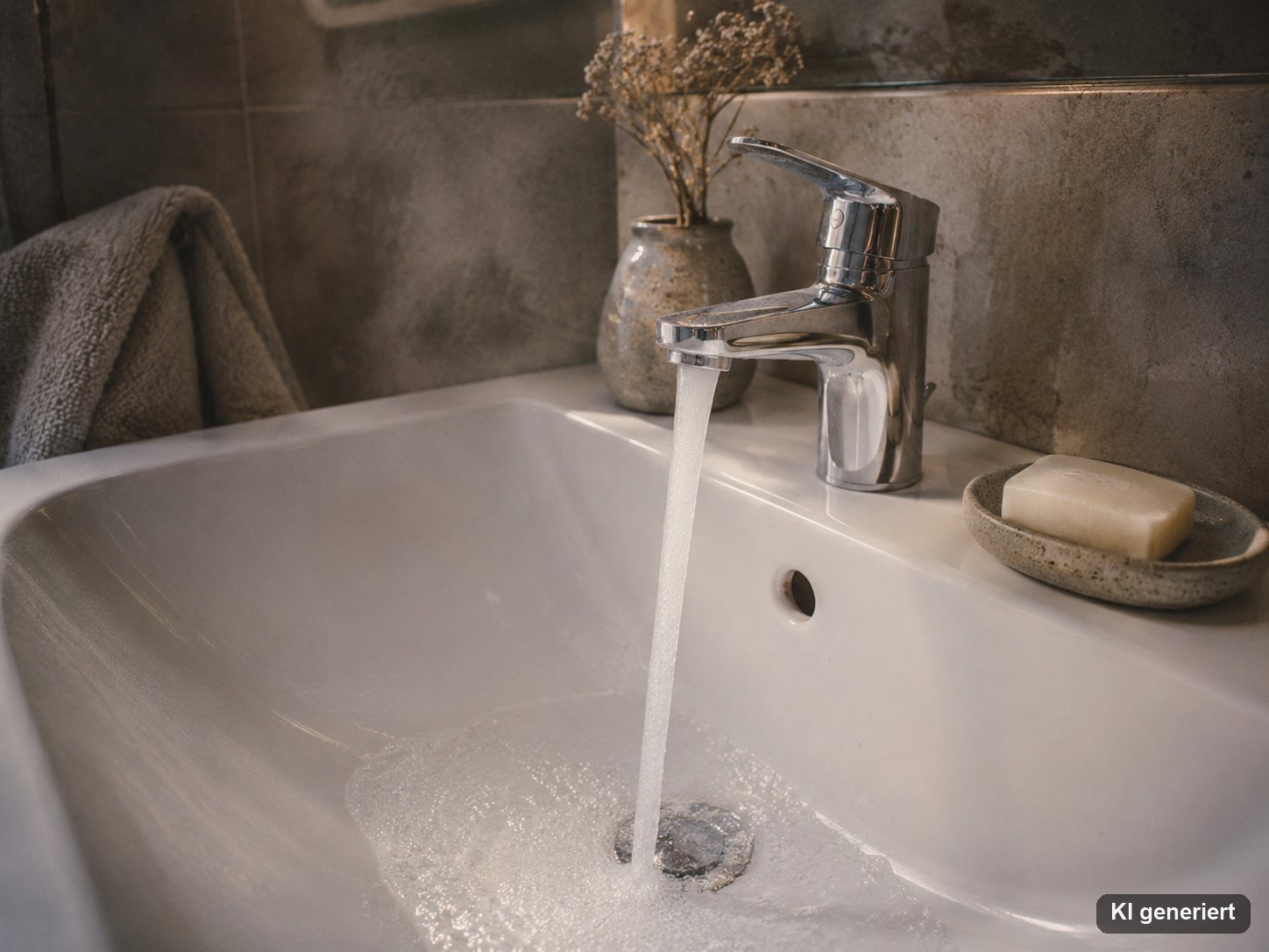 Weißes Waschbecken mit Seife und fließendem Wasser aus einem Wasserhahn