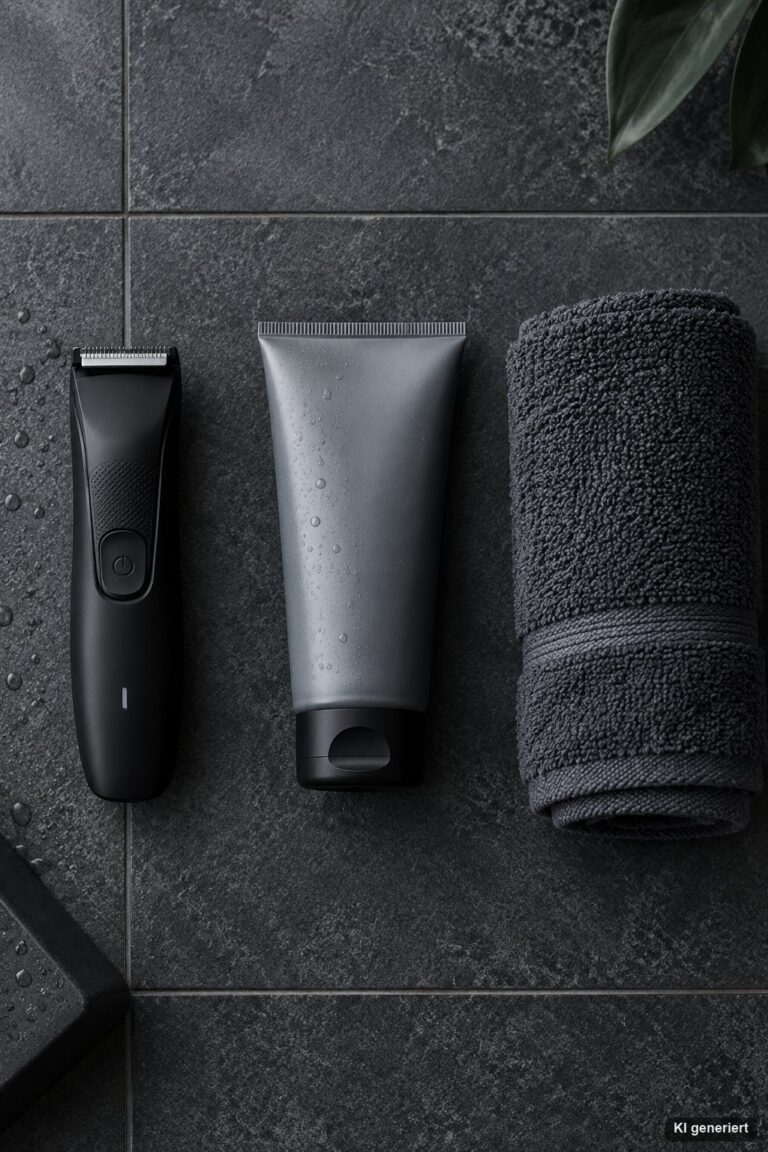 Flatlay mit elektrischem Trimmer für Herren, Rasiergel für empfindliche Haut und Handtuch auf dunklen Fliesen