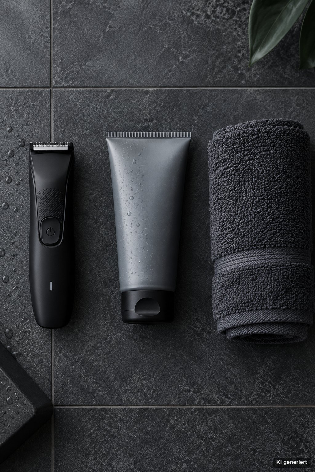 Flatlay mit elektrischem Trimmer für Herren, Rasiergel für empfindliche Haut und Handtuch auf dunklen Fliesen