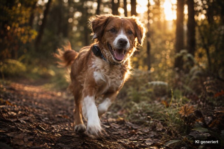 Hund mit GPS-Tracker am Halsband beim Freilauf im Wald