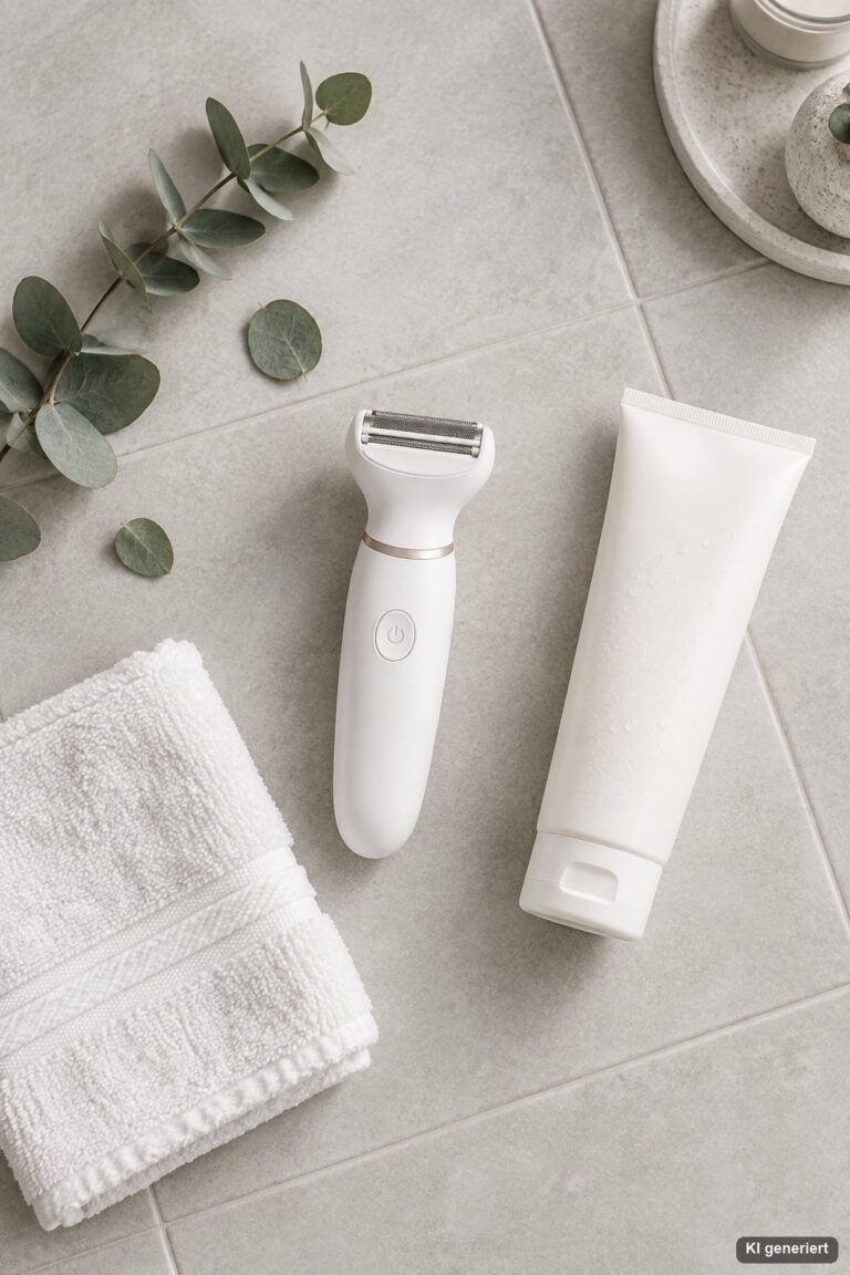 Flatlay mit elektrischem Intimrasierer, Rasiergel für empfindliche Haut und Handtuch auf Fliesenboden