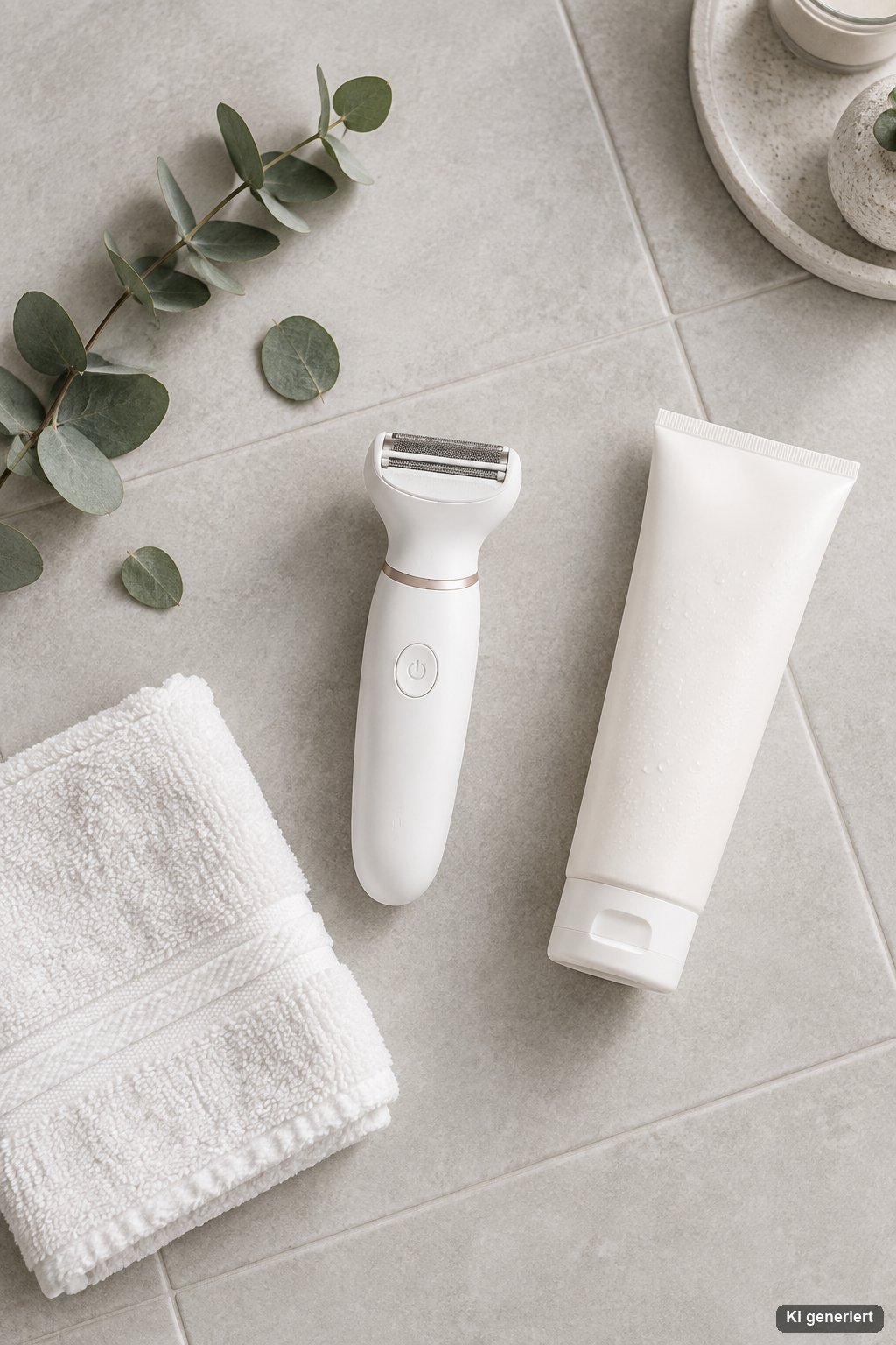 Flatlay mit elektrischem Intimrasierer, Rasiergel für empfindliche Haut und Handtuch auf Fliesenboden