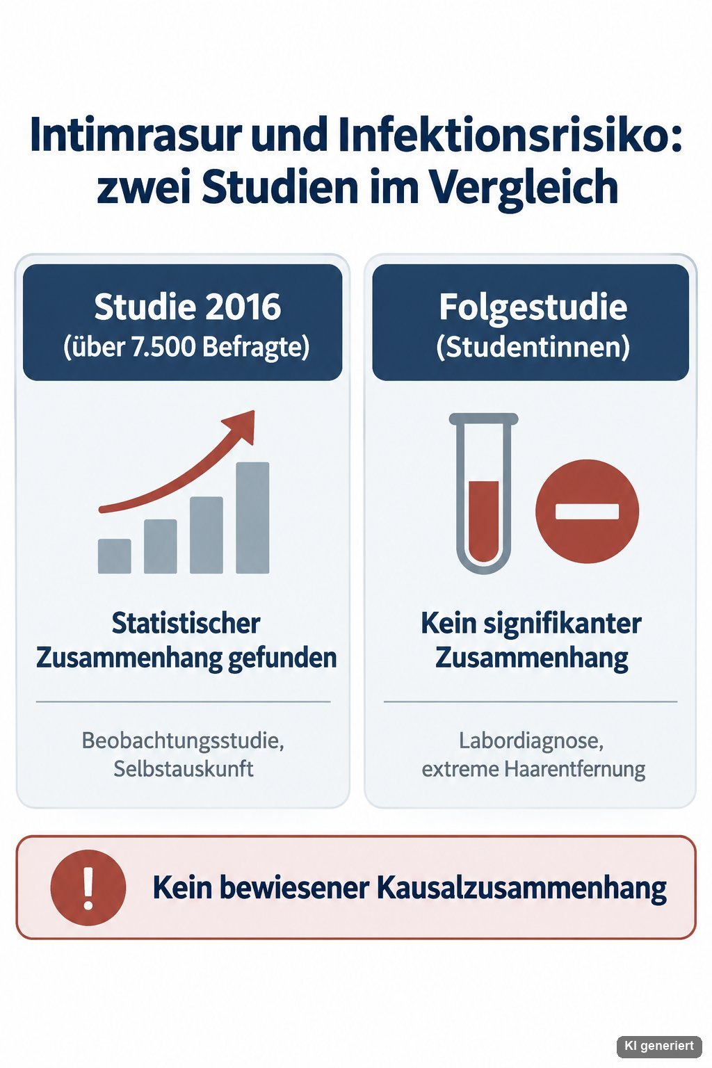 Infografik: Vergleich zweier Studien zu Intimrasur und Infektionsrisiko — statistischer Zusammenhang vs. kein signifikanter Zusammenhang, kein bewiesener Kausalzusammenhang