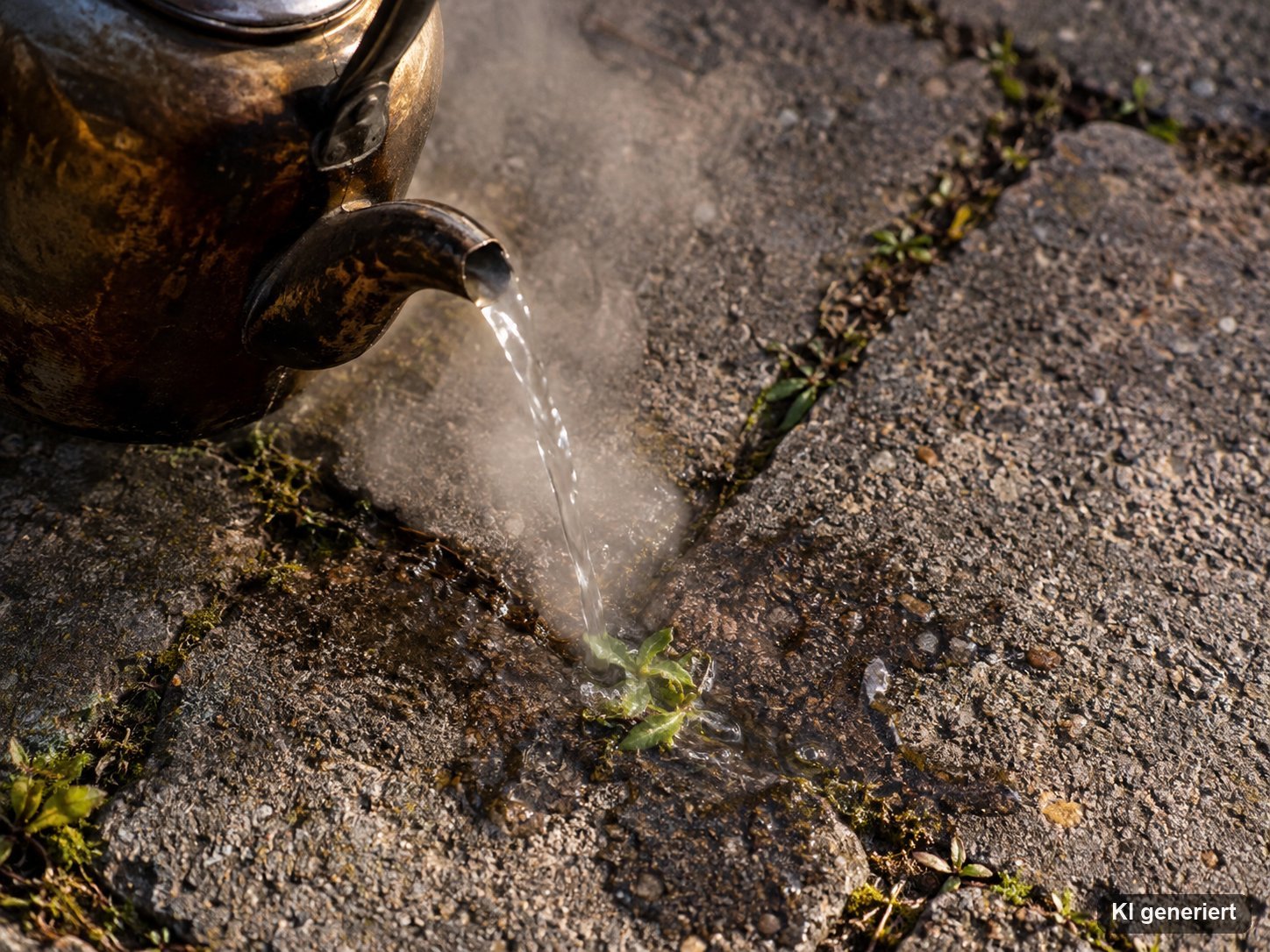 Alter Wasserkessel gießt dampfendes kochendes Wasser gezielt in eine Pflasterfuge mit Unkraut