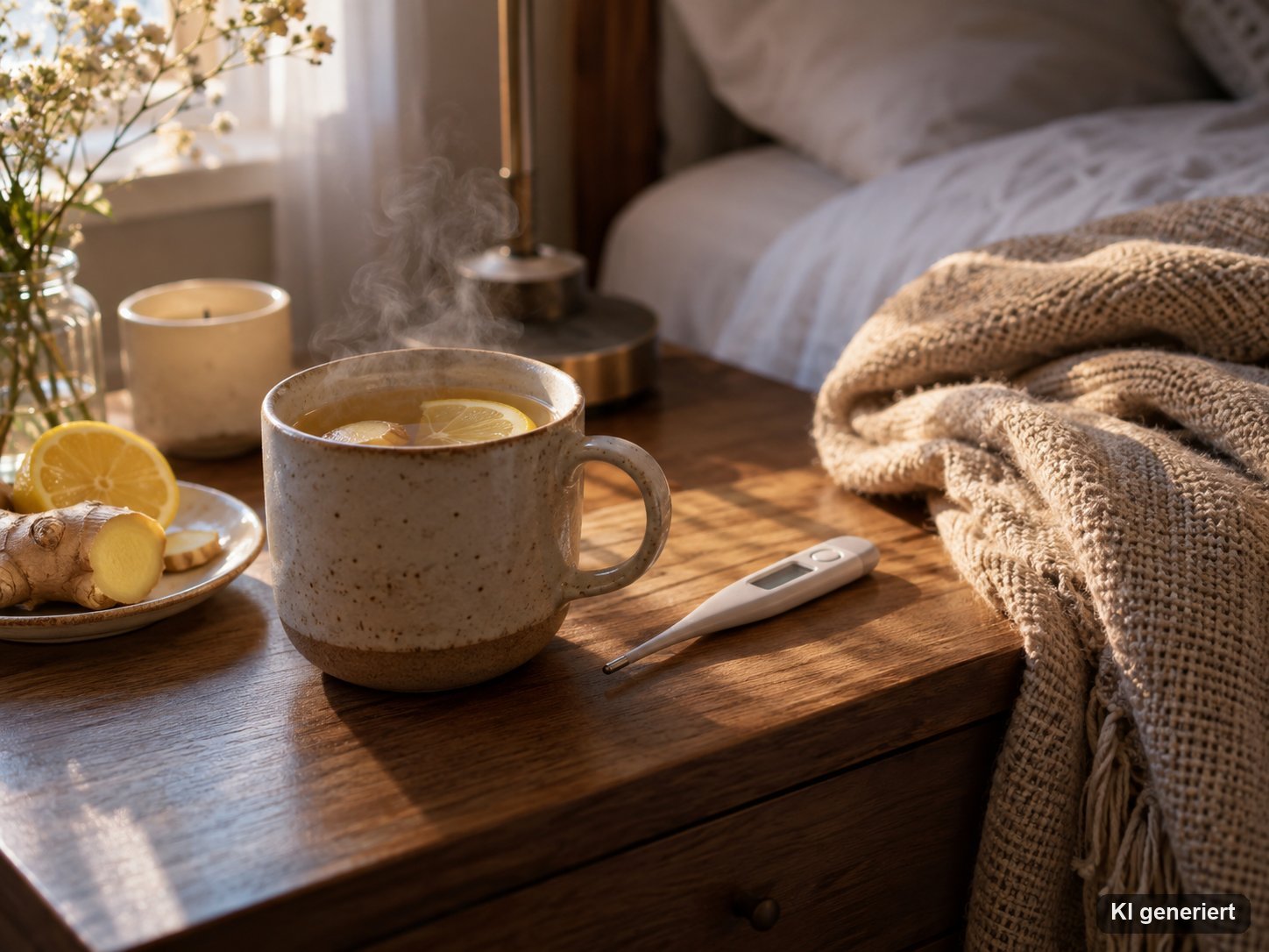 Nachttisch mit einer Tasse Ingwertee, Fieberthermometer und einer gefalteten Decke im weichen Morgenlicht