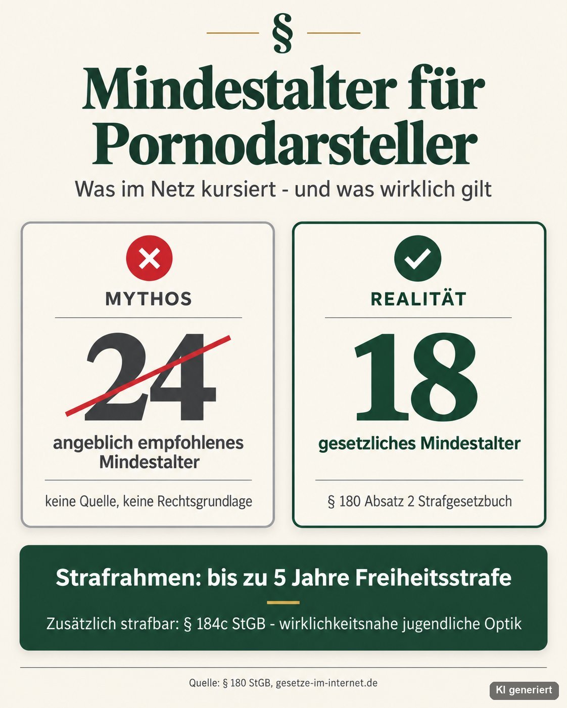 Infografik: Mindestalter für Pornodarsteller, Mythos 24 Jahre durchgestrichen gegen Realität 18 Jahre nach § 180 Absatz 2 StGB