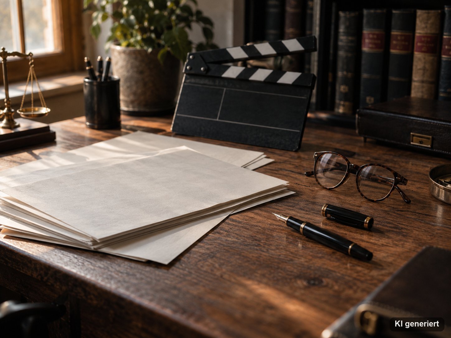 Schreibtisch mit Gesetzbüchern, Waage und Filmklappe als Symbol für die rechtlichen Fragen rund um eine Karriere im Erotikfilm