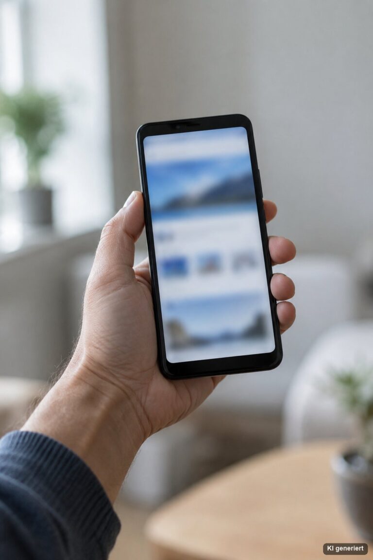 Hand hält ein Android-Smartphone mit geöffnetem Browser vor unscharfem Wohnraum-Hintergrund