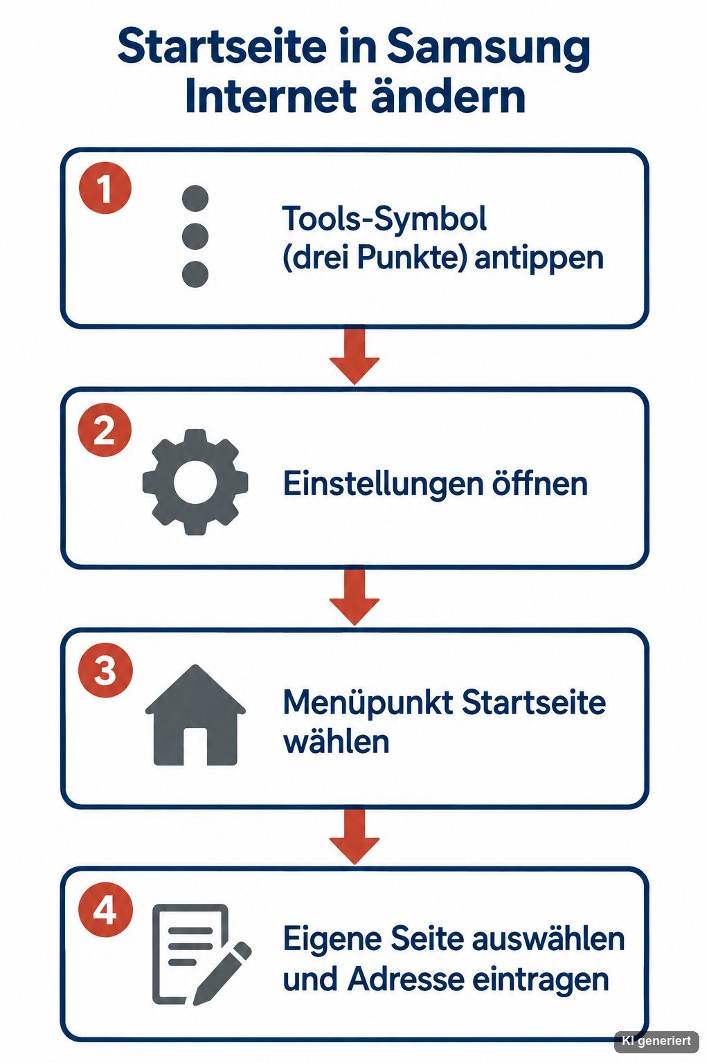 Infografik: Startseite in Samsung Internet ändern — Tools-Symbol antippen, Einstellungen öffnen, Startseite wählen, Eigene Seite eintragen