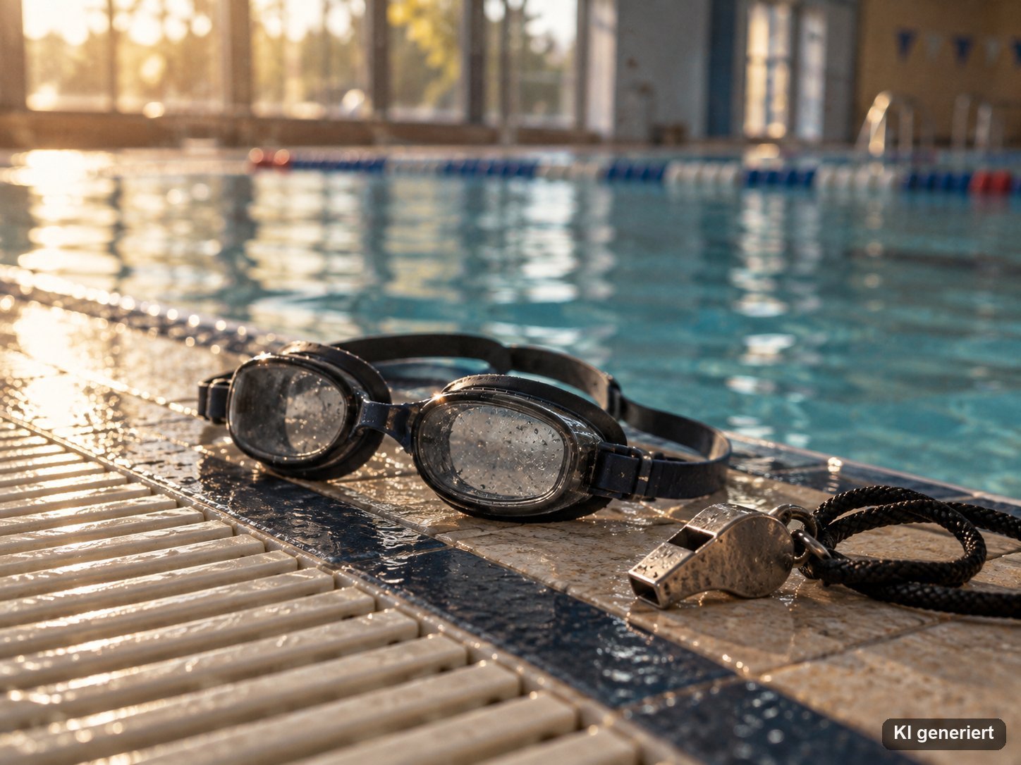 Schwimmbrille und Trillerpfeife am Beckenrand eines Hallenbads mit Blick auf die Wasseroberfläche