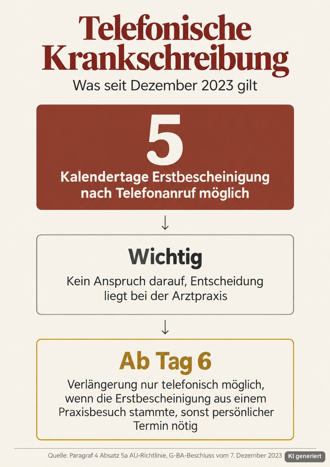 Infografik: Telefonische Krankschreibung seit Dezember 2023, 5 Kalendertage Erstbescheinigung möglich, kein Anspruch, ab Tag 6 Praxisbesuch nötig