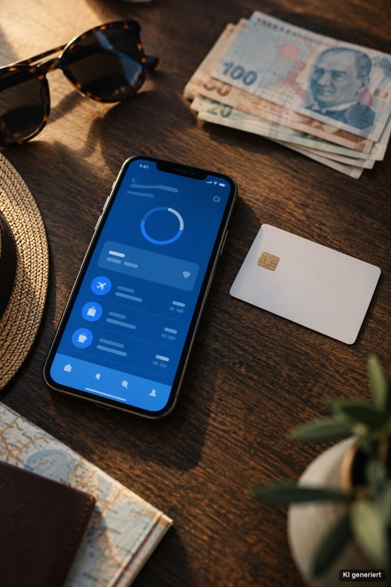 Prepaid-Karte, Smartphone mit Banking-App und türkische Lira-Banknoten auf einem Holztisch
