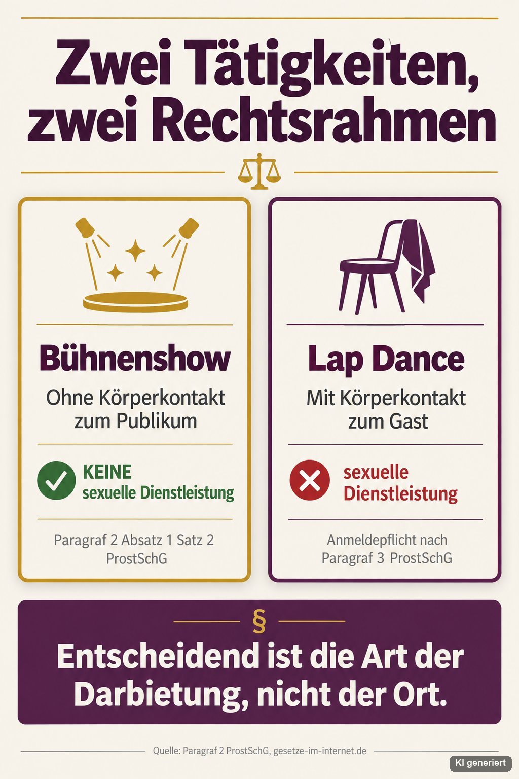 Infografik: Zwei Tätigkeiten, zwei Rechtsrahmen, Bühnenshow ohne Körperkontakt ist keine sexuelle Dienstleistung nach § 2 Absatz 1 Satz 2 ProstSchG, Lap Dance mit Körperkontakt ist sexuelle Dienstleistung mit Anmeldepflicht nach § 3 ProstSchG