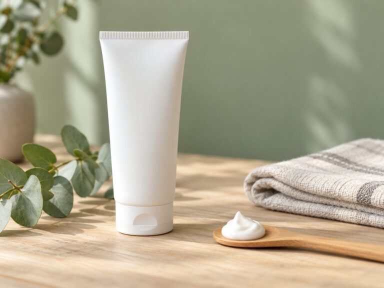 Unbeschriftete weiße Cremetube neben einem Holzspatel mit Creme, Eukalyptuszweig und Leinenhandtuch auf einem Holztisch