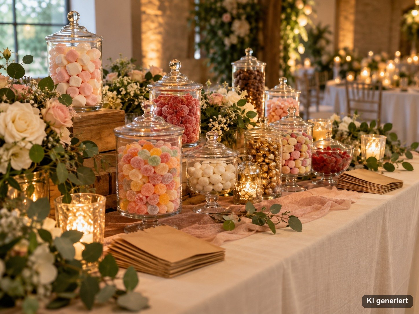 Candybar mit Gläsern voller Süßigkeiten