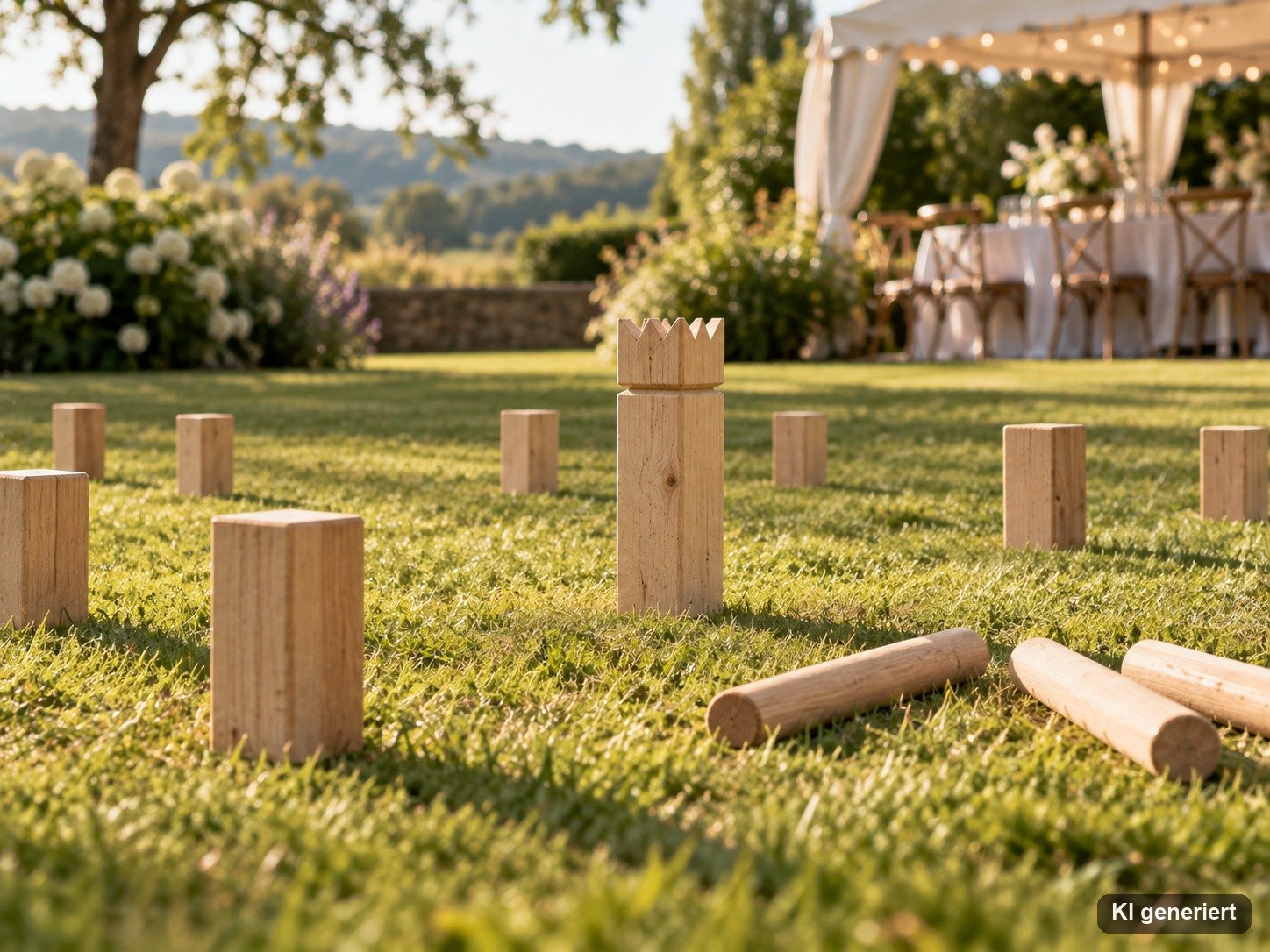 Kubb-Spiel aus Holz auf einer Rasenfläche