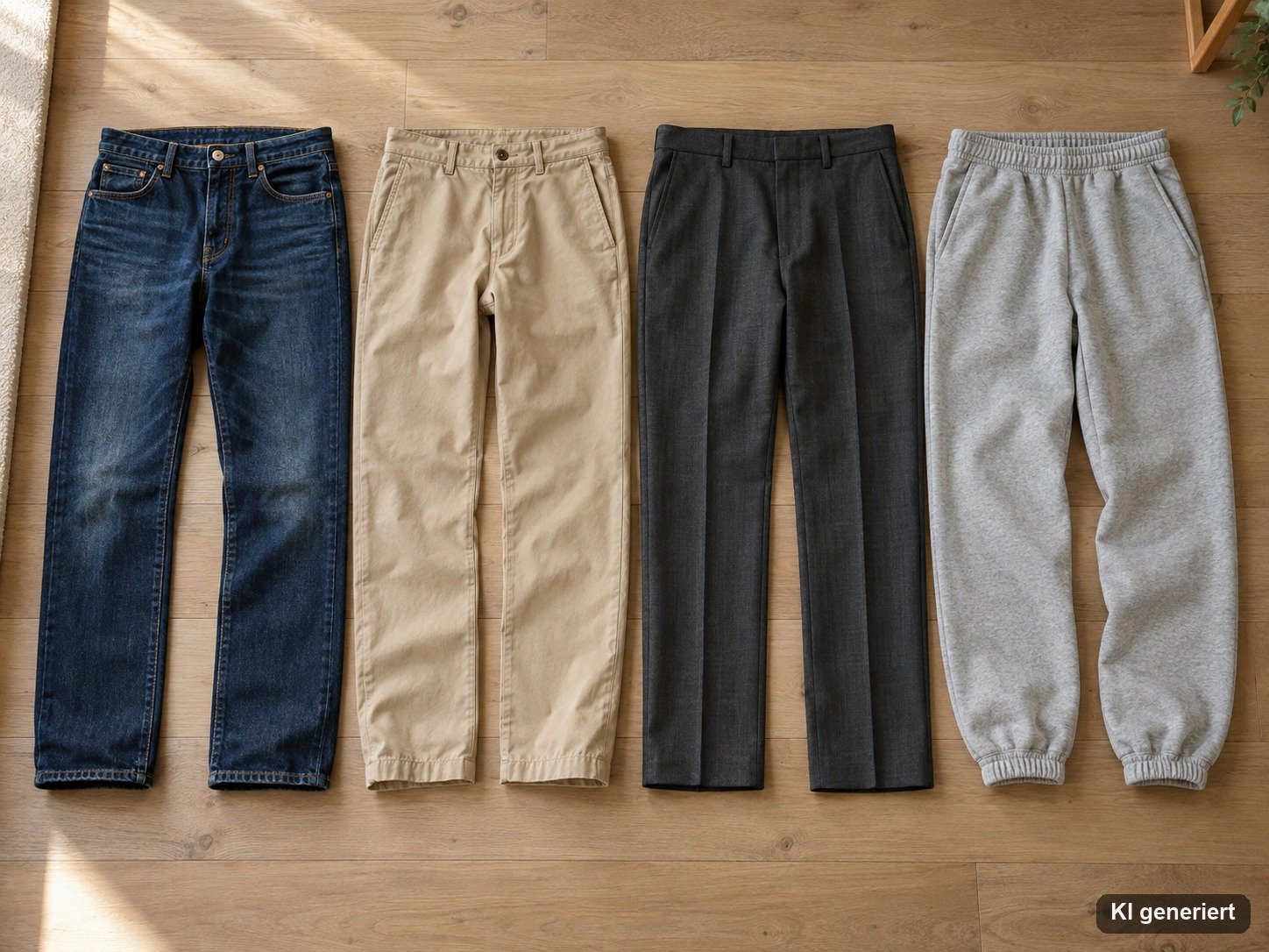 Jeans, Chino, Anzughose und Jogginghose nebeneinander ausgelegt