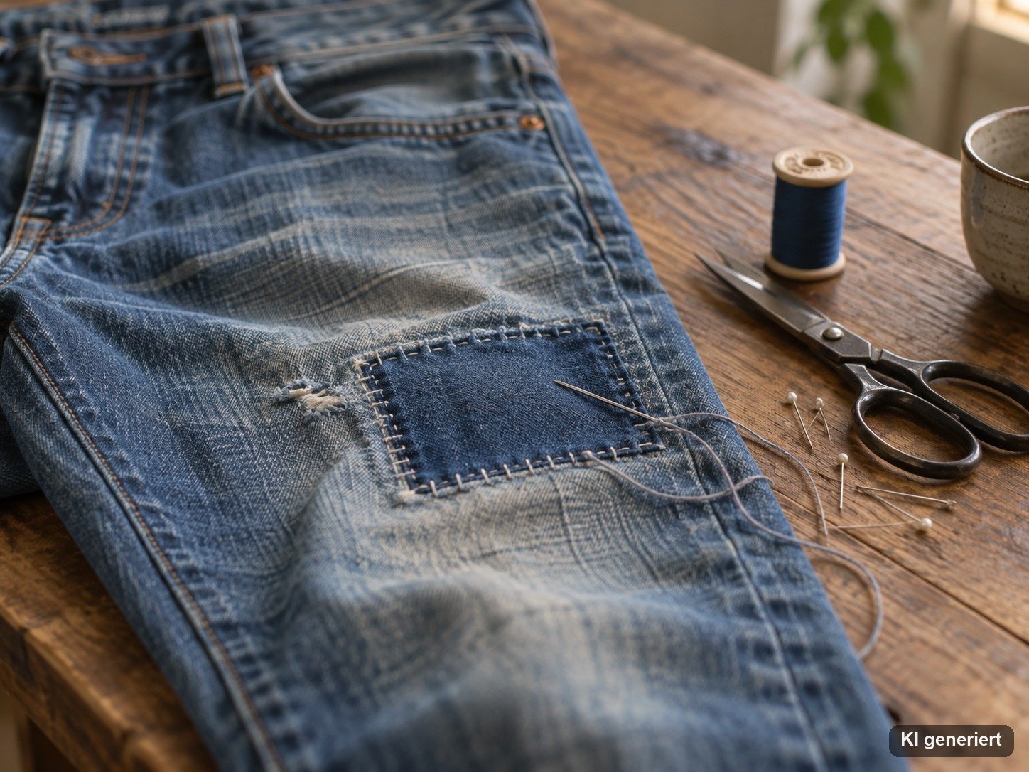 Jeans mit Flicken, Nadel und Faden auf einem Tisch