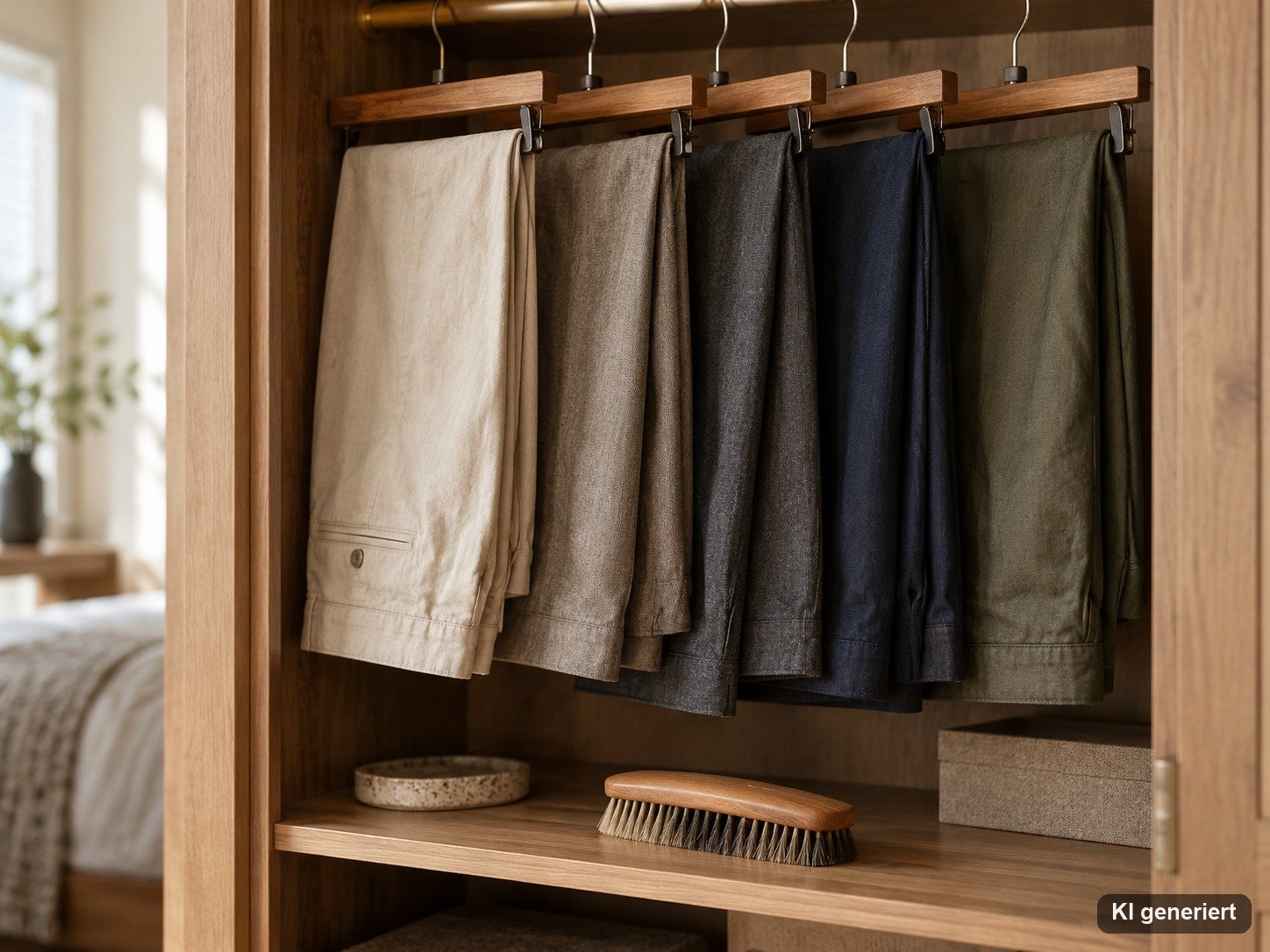 Hosen auf Hosenbügeln im Schrank neben einer Kleiderbürste