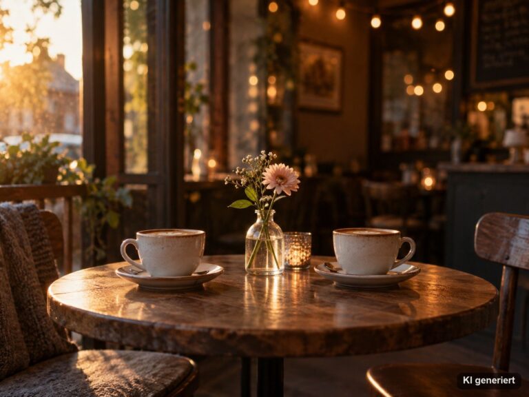 Zwei Kaffeetassen an einem gemuetlichen Cafe-Tisch