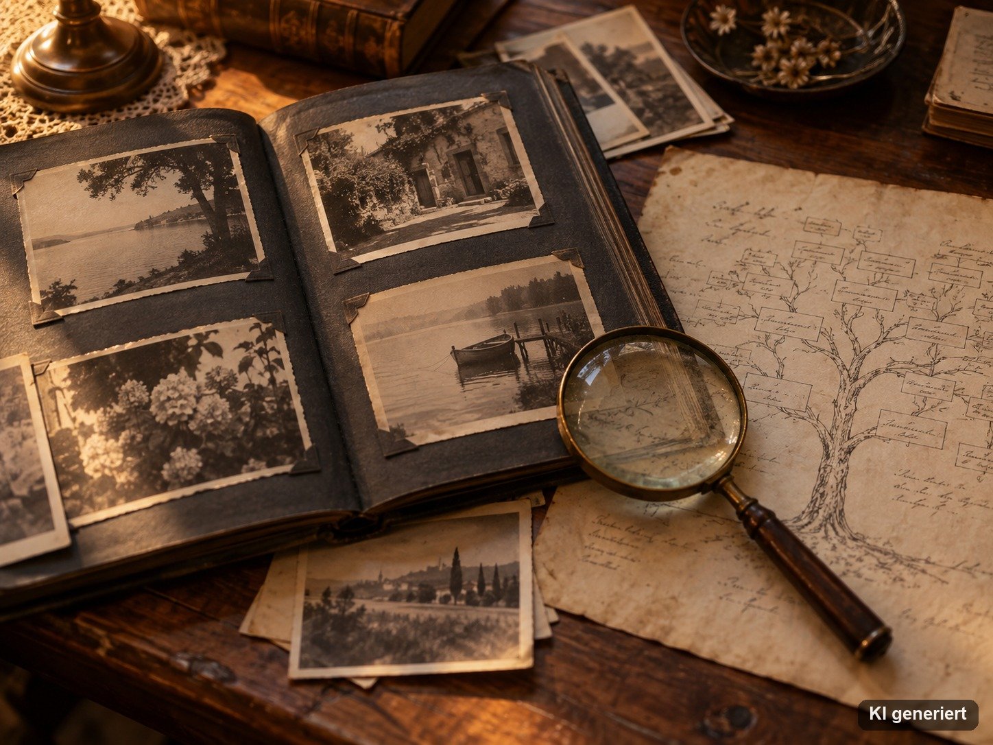 Altes Familienalbum mit handgezeichneter Stammbaumskizze und Lupe